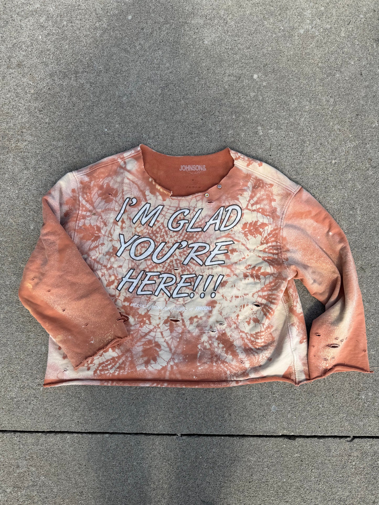 Reworked I'm Glad distressed and embellished crewneck by JOHNSONANDSCOTT