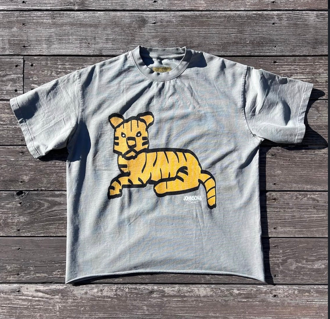 Front flat lay of gray Tiger T-Shirt with yellow tiger graphic